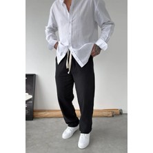 HAFKA Siyah Nakışlı Baggy Keten Pantolon