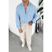 HAFKA Bebe Mavi Nakışlı Oversize Modal Gömlek