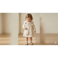 Lenna Baby Mantar Nakışlı Yakası Dantelli Çantalı 2’li Kız Bebek Elbise %100 Pamuk