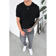 HAFKA Siyah Nakış Detaylı Dokulu Oversize Tişört