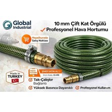 Global Industrial 10 mm 25 Metre Çift Kat Örgülü Hava Hortumu | Tak-Çalıştır Uçlu | Kompresör Uyumlu | Dayanıklı Pvc Hortum