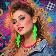 MiraLive 80 Ler 90 Lar Retro Neon Yeşil Şimşek Küpe 10 cm