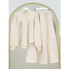 Modamorfo Oval Kesim Dik Yaka Bluz Etek Müslin Takım -Taş