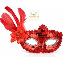 NW Nessi World Kırmızı Tüylü Payetli Lüks Taşlı Parti Maskesi