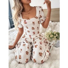 Kadir Wear Ayı Baskılı Sonbahar Kış Kısa Kollu Uzun Pijama Takımı