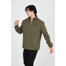 Erkek Yarım Fermuarlı Baskılı 3 Iplik Pamuklu Sweatshirt - Yeşil
