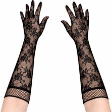 MiraLive Siyah Uzun Gül Desenli Dantel Kadın Eldiveni