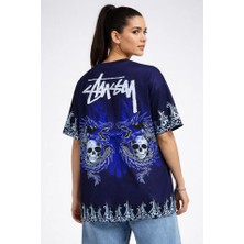 Zenvia Lacivert Oversize Tişört Dragon - Kuru Kafa Baskılı Bisiklet Yaka T-Shirt - Lacivert