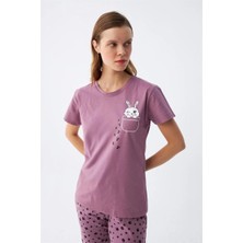 Pileli Store Kadın Mor Patili Tavşan Baskılı Cepli Pijama Takımı