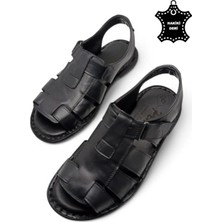 Magic Shoes Siyah Hakiki Deri Ortopedik Erkek Sandalet Cırtlı Bağlama ile Günlük Rahatlık Sunar