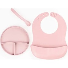 MiraLive Pembe 3’lü Silikon Yemek Seti – Önlük + Diş Kaşıyıcılı Kaşık + Vakumlu Tabak