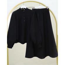 Modamorfo Oval Kesim Dik Yaka Bluz Etek Müslin Takım -Siyah