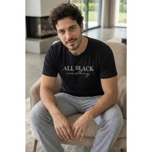 Midnight All Black Baskılı Kısa Kollu Cotton Erkek pijama takımı