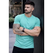 Antakya Yöresi Erkek T-Shirt Bisiklet Yaka Slim Fit Dar Kesim Likralı Tişört Günlük Basic Body - Turkuvaz