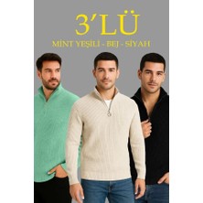 Antakya Yöresi Erkek Fitilli Triko Kazak 3’lü Set – Mint Yeşili, Siyah, Bej Kalın Dokuma Pamuklu Regular Fit V Yaka Fermuarlı Uzun Kollu Rahat Kışlık Kazak Kombini