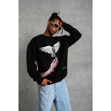 Antakya Yöresi Erkek Güvercin Baskılı Sweatshirt - Siyah
