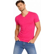 Antakya Yöresi Erkek T-Shirt V Yaka Slim Fit Dar Kesim Likralı Tişört Günlük Basic Body - Pembe