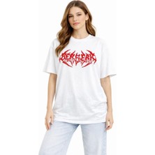 Kadın Kısa Kol Yazlık Tişört Bisiklet Yaka Baskılı Oversize T-Shirt - Beyaz