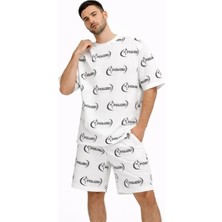 Antakya Yöresi Erkek Oversize Ön ve Arka Baskılı Tişört Şort Takım Rahat Kalıp Yazlık Günlük Kombin - Beyaz