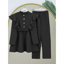 Modamorfo Düğme Detaylı Dik Yaka Omuzu Fırfırlı Scuba Takım  -Siyah