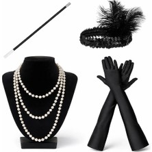 Antakya Yöresi 1920’LER Çarliston Aksesuar Seti – Inci Kolye, Eldiven, Sigara Tutucu, Siyah Saç Bandı