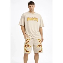 Antakya Yöresi Erkek Bej Oversize Baskılı Tişört Şort Takım Cepli Şort Yazlık Rahat Günlük Kombin - Bej