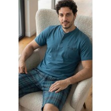 Pijama Evi Urban Teal Şortlu Pat Detaylı Elegant Erkek Pijama Takımı