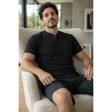 Pijama Evi Midnight Black Şortlu Pat Detaylı Elegant Erkek Pijama Takımı