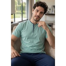 Pijama Evi Muted Aqua Kısa Kollu Pat Detaylı Elegant Erkek Pijama Takımı