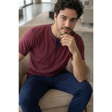Burgundy Wine Kısa Kollu Pat Detaylı Elegant Erkek Pijama Takımı