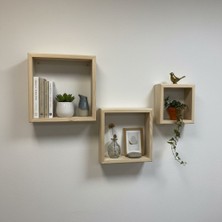Altınbaşak Dekorasyon Duvar Rafı Kare 3'lü Doğal Ahşap Masif