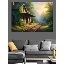 Artmeg Orman Kenarı Tren Yolu ve Ev Dekoratif Kanvas - Mdf Ahşap Tablo