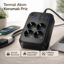 Airstorr Çoklu Priz 4’lü USB Type-C Girişli Termal Korumalı 2m Kablo Çocuk Güvenlikli