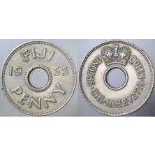 Banknoting Fiji 1 Penny 1955 Kraliçe Iı. Elizabeth. 26 Mm.