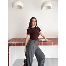 Esila Moda Kadın Kahverengi Kısa Kollu Tek Omuz Bluz