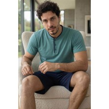 Muted Aqua Şortlu Pat Detaylı Elegant Erkek Pijama Takımı