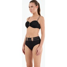 Louren Kadın Siyah/mavi Biye Detaylı Kaplı Telli Yüksek Bel Straplez Bikini Takımı