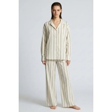 Feu De Elu Elyra Ekru Çizgili Uzun Poplin Pijama Takımı