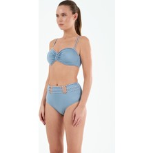 Louren Kadın Siyah/mavi Biye Detaylı Kaplı Telli Yüksek Bel Straplez Bikini Takımı