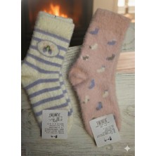 Trendy Chic 2 Çift Pembe Kalp ve Mor Çizgili Peluş Çorap