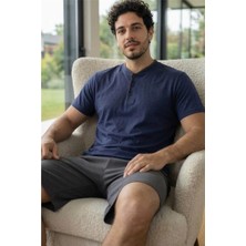 Signature Navy Şortlu Pat Detaylı Elegant Erkek Pijama Takımı