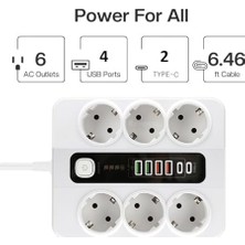 Daisy Store Termal Akım Korumalı 3000W 3.6 Amper 6 Lı Priz 2 Metre Uzatma Kablosu Çoklu Priz 4 USB 2 Type C Pd Girişli Hızlı Şarj Istasyonu