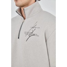 Antakya Yöresi Erkek Yarım Fermuarlı Baskılı Sweat - Boyalı Gri
