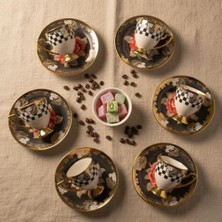 Daisy Store 6 Kişilik Ayaklı Porselen Türk Kahvesi Fincan Takımı - Siyah Beyaz Damalı ve Varaklı, Renkli Çiçek Desenli Tabaklı 12 Parça Lüks Sunum Seti