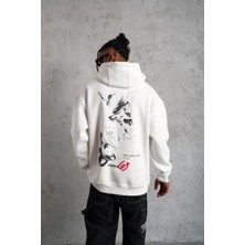 Erkek 3 Iplik Pamuklu Kapüşonlu Baskılı Cepli Oversize Sweatshirt Hoodie - Beyaz