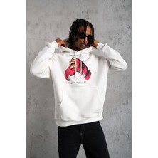 Erkek Kapüşonlu Cepli Boks Eldiven Baskılı 3 Iplik Sweatshirt Hoodie - Beyaz