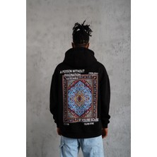 Erkek 3 Iplik Pamuklu Kapüşonlu Baskılı Cepli Oversize Sweatshirt Hoodie - Siyah