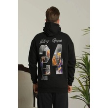 Erkek 3 Iplik Pamuklu Kapüşonlu Baskılı Cepli Oversize Sweatshirt Hoodie - Siyah