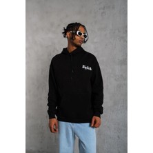 Erkek Kapüşonlu Kanguru Cepli Sweatshirt 3 Iplik Pamuklu Baskılı Hoodie - Siyah