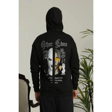 Erkek 3 Iplik Pamuklu Kapüşonlu Baskılı Cepli Oversize Sweatshirt Hoodie - Siyah